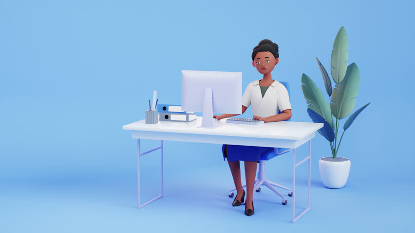 Woman at the computer thinking, 3d render. Shrugs her shoulders. uncertainty, question, no solution concept. Character animation. hopelessness, despair. puzzled, confused person motion design