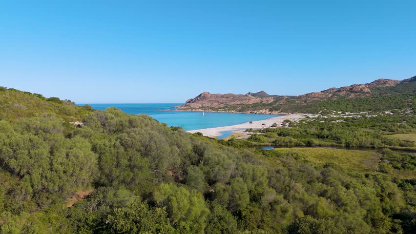 Aerial drone view of Plage de l'Ostriconi, Mediterranean beach during summer, island of Corsica, France