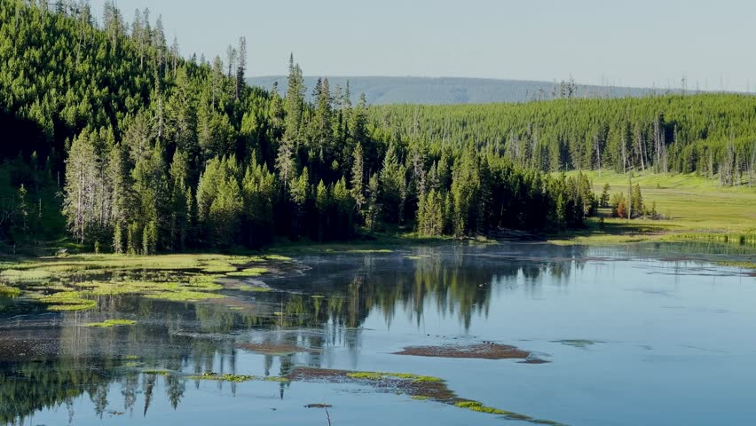 Yellowstone Park with rushing geysers, multicolored hot springs, crystal clear lakes and impressive canyons. Bears and bison. Wyoming, Idaho and Montana. Yellostone natural spectacle. Sunset.