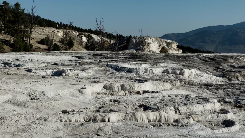 Yellowstone Park with rushing geysers, multicolored hot springs, crystal clear lakes and impressive canyons. Bears and bison. Wyoming, Idaho and Montana. Yellostone natural spectacle. Sunset.