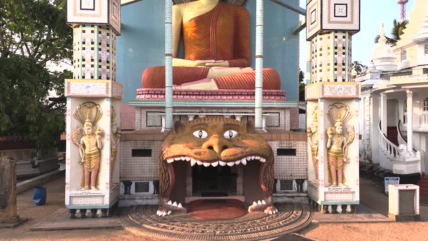 Aerial view of Angurukaramulla Temple with Bodhirajaramaya, goddess, and towers, Negombo, Sri Lanka.