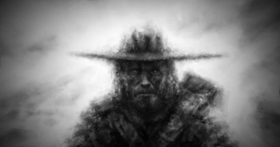 Creepy man in big hat and pack of wolves in fog. 2D animation horror fantasy genre. Black and white video clip. Scary animated 4K short film. Creepy animated backdrop movie. Mystical haze and ghosts.