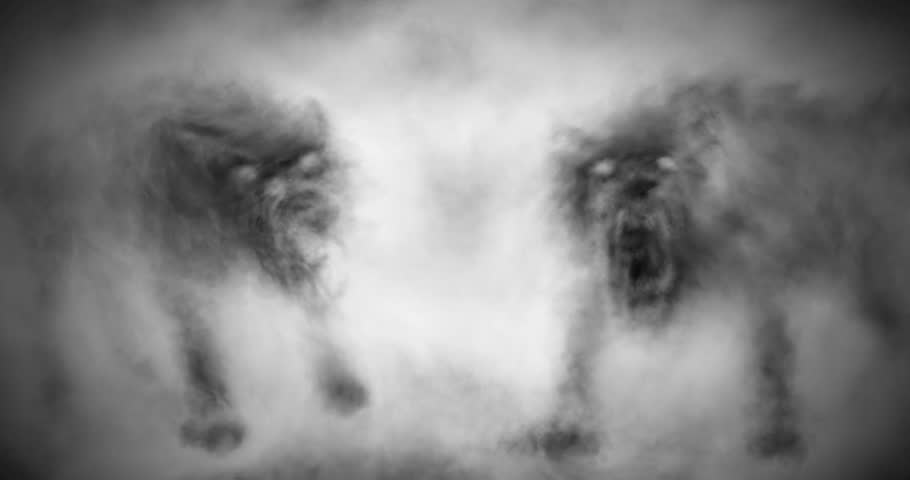 Creepy man in big hat and pack of wolves in fog. 2D animation horror fantasy genre. Black and white video clip. Scary animated 4K short film. Creepy animated backdrop movie. Mystical haze and ghosts.