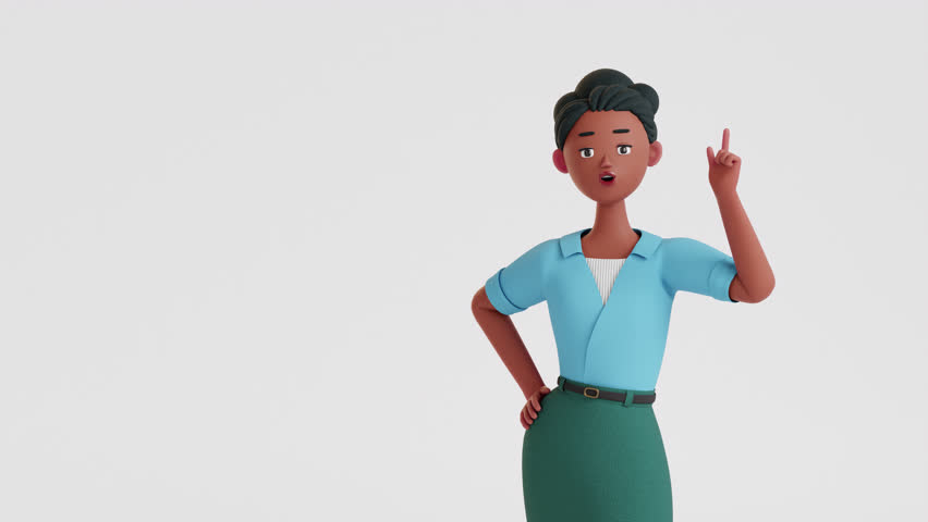 Woman thinking and looking for answer, Eureka. hand gesture, index finger up. Concept of a great idea, brainstorming. Solution of the problem, right decision. 3d character animation