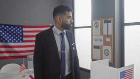 Hispanic man in a suit stands thoughtfully at a us polling place with american flags. - Powered by Shutterstock - Get 15% off with code: PIKWIZARD15