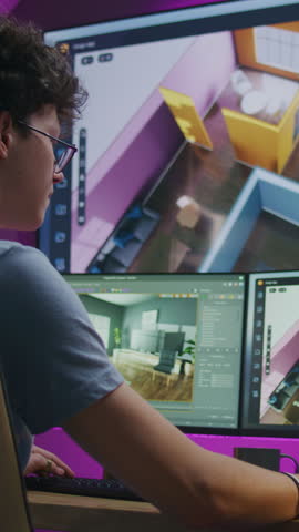 Young 3D designer creates modern house interior, works on design project at home office. Teenager trains 3D modeling and planning on computer and big digital screen with software interface and tools.