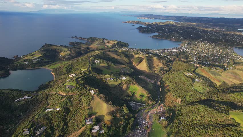 Top Down View Over Matiatia Bay With Boats In Auckland, New Zealand - Drone Shot
