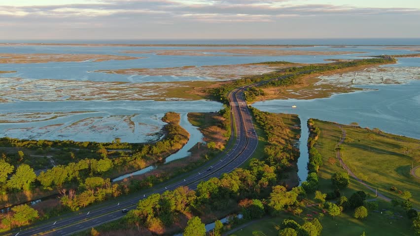 Aerial View of road leading to Jones Beach Long Island coast.
