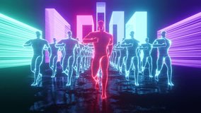 Group of blue and red digital people walking on a colorful background in vaporwave 1980s retro style for scifi projects, templates, banners, posters. 4k footage. Animation 3d. Repeat seamless loop. - Powered by Shutterstock - Get 15% off with code: PIKWIZARD15