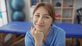 A young, caucasian, female physiotherapist smiling in a bright rehab clinic room, portraying a professional and welcoming healthcare environment. - Powered by Shutterstock - Get 15% off with code: PIKWIZARD15
