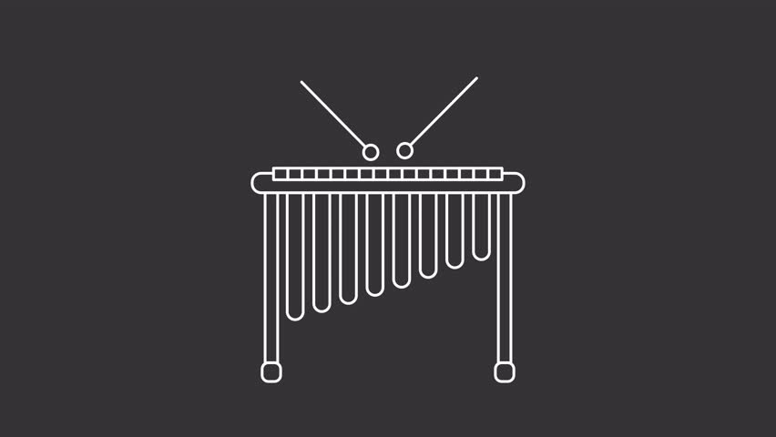 Animated marimba white icon. Xylophone play line animation. Drumsticks moving, mallets pressing. Musical instrument. Isolated illustration on dark background. Transition alpha video. Motion graphic