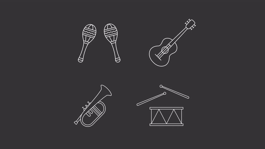 Animated street music white icons. Live performance instruments line animation library. Fiesta maracas. Isolated illustrations on dark background. Transition alpha. HD video. Icon pack