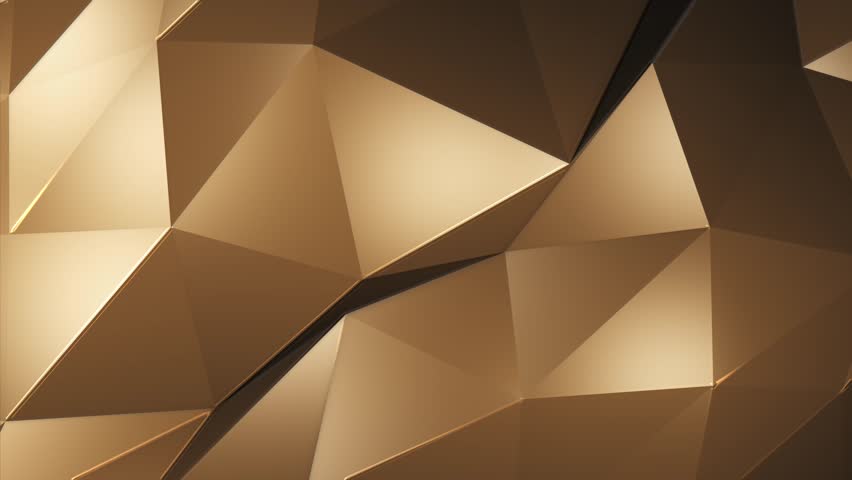Glowing golden low poly surface background with the gentle motion of shiny polygonal triangle shapes and warm golden light. Full HD and looping abstract geometric background animation.