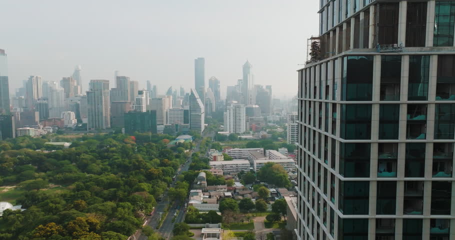 Aerial view modern office city building in Lumpini central park district Bangkok Thailand