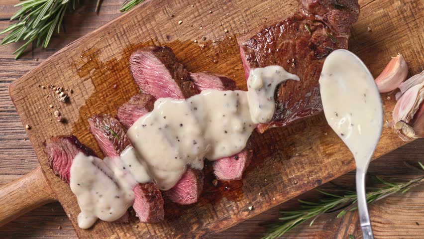 Chef pours pepper sauce on a slices of freshly grilled beef steak meat on a wooden cutting board. Close-up of food, top view