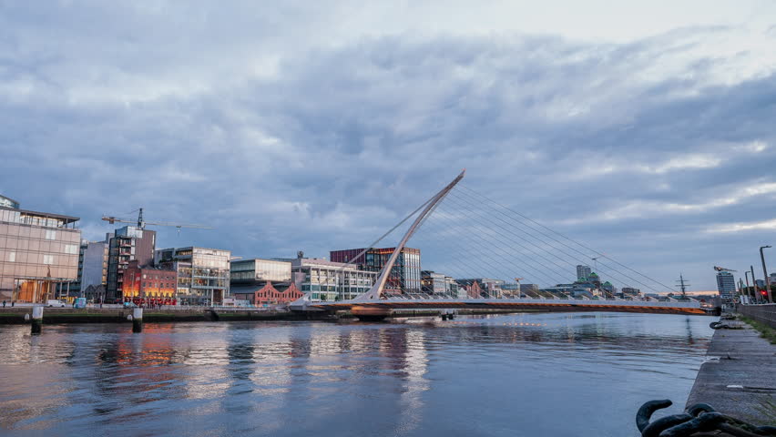 Dublin City centre Night Lapse Panorama Ireland Samuel Beckett Bridge Sunset