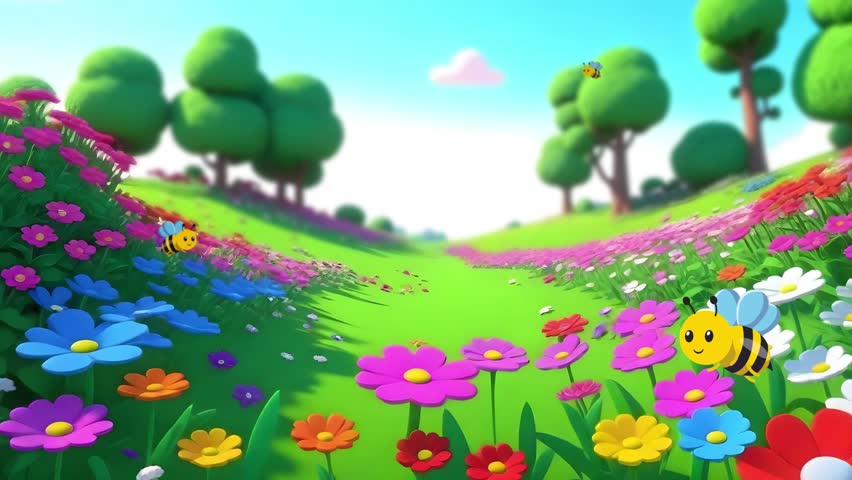 Cartoon Bees Flying Around The Garden
