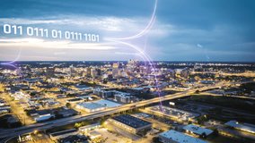 Dynamic digital data overlays enhance cityscape's lights at dusk, visualizing analytics and information processing. A futuristic urban scene with technology and innovation - Powered by Shutterstock - Get 15% off with code: PIKWIZARD15