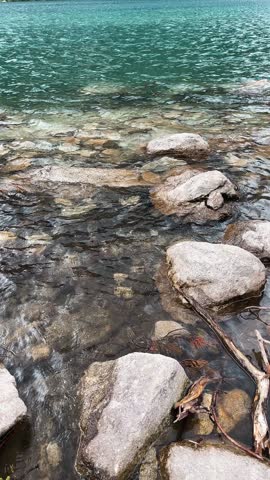 Lake natural landscape background with stone and water. Mountain lake shore beautiful nature background.