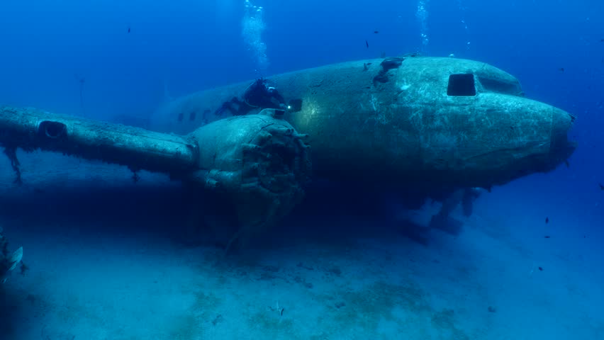 air plane wreck underwater  fish around ocean scenery of airplane and metal on ocean floor  scenery scuba divers to explore