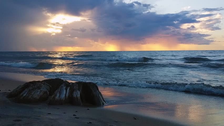 Rainstorm at sunset over Lake Superior in upper Michigan