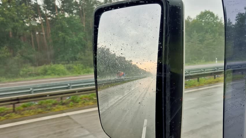 Truck car mirror at rainy day.