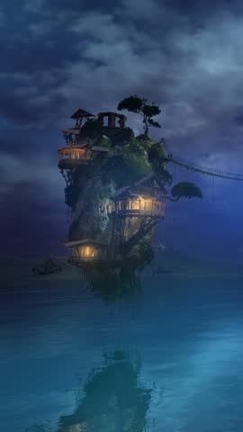 Landscape with flying islands over the night lake. 3D Illustration