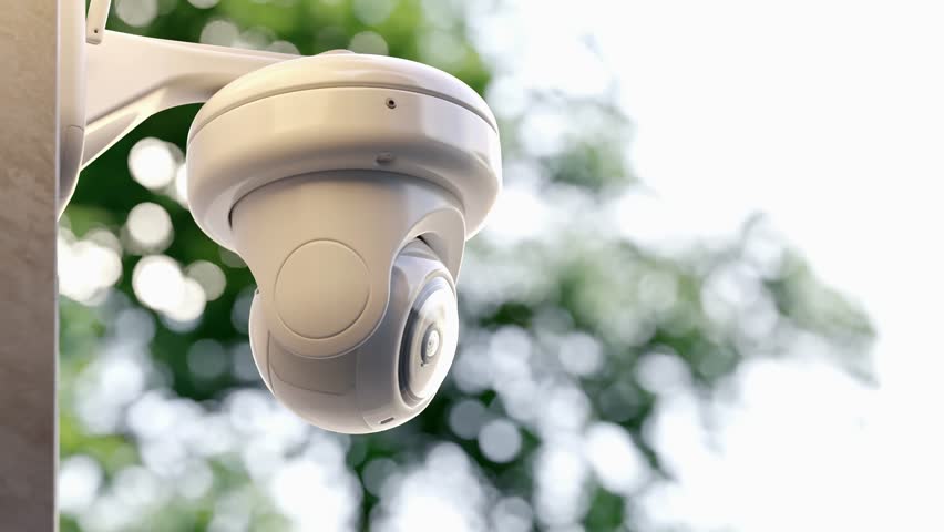 CCTV camera installed on wall of the building. Scan the area for surveillance purposes. Can be used background in security work. Animation, 3D Render.	