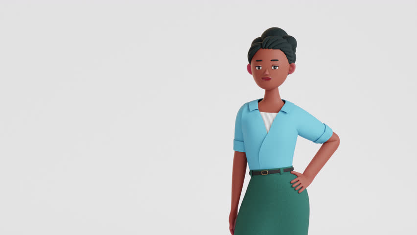 Happy woman, 3d character stands and shows with open hand. copy space for text. pointing direction. modern cartoon style animation. template for ads, presentation or banner, business clipart