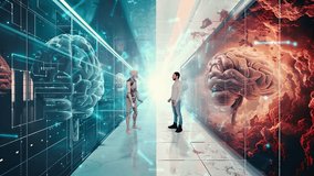  Split-screen video of a corridor with android robot and digital brain on left panel and human brain with a man on the right side. Ai concept video. - Powered by Shutterstock - Get 15% off with code: PIKWIZARD15