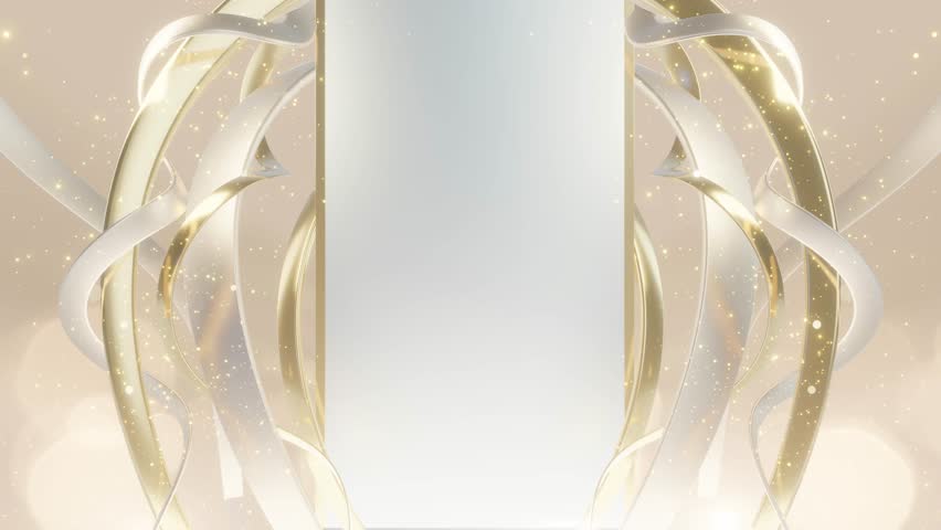 Elegant background with gold and silver ribbons forming a decorative frame around a white center, featuring sparkling particles and a luxurious feel.