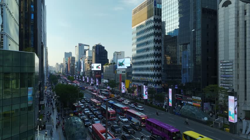 Drone View of Seoul city in South Korea, Gangnam road, Summer, sunset