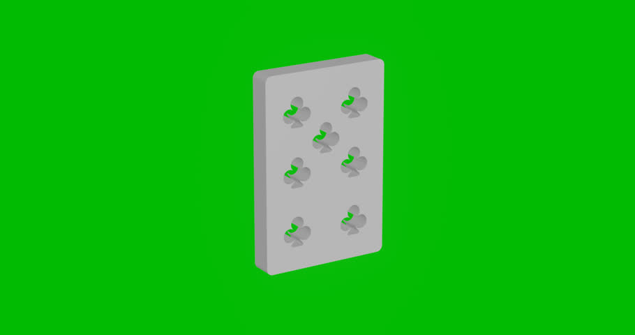 Animation of rotation of a white seven of clubs playing card with shadow. Simple and complex rotation. Seamless looped 4k animation on green chroma key background