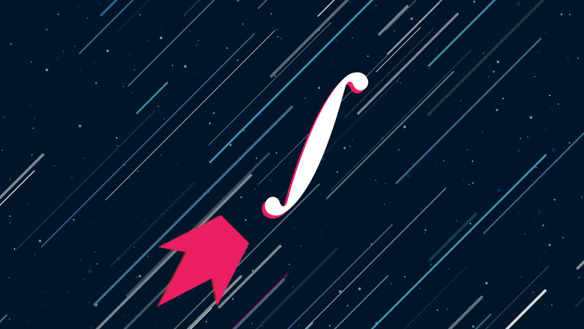 Integral symbol flies through the universe on a jet propulsion. The symbol in the center is shaking due to high speed. Seamless looped 4k animation on dark blue background with stars