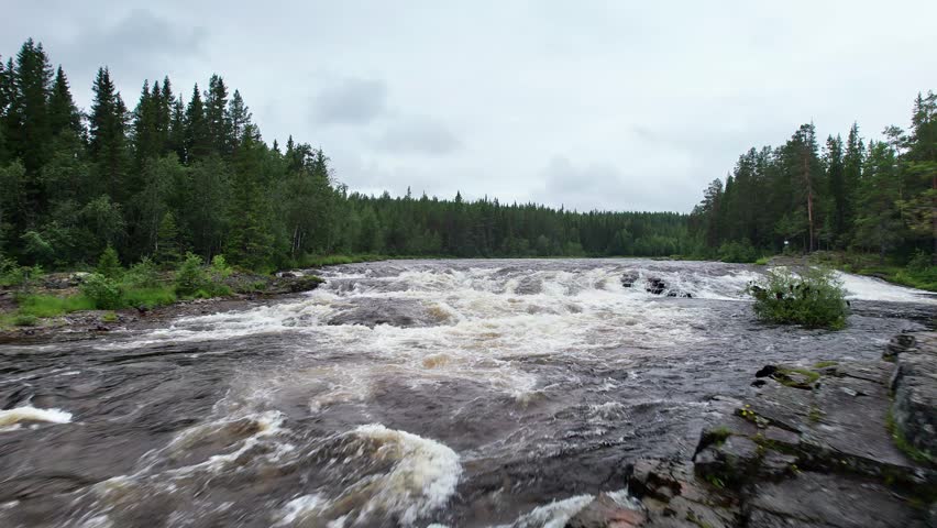 Beautiful aerial view rising low to high over the Klingforsen rapids of a forest river Storån in Dalarna Sweden, showcasing the rushing water and surrounding greenery.