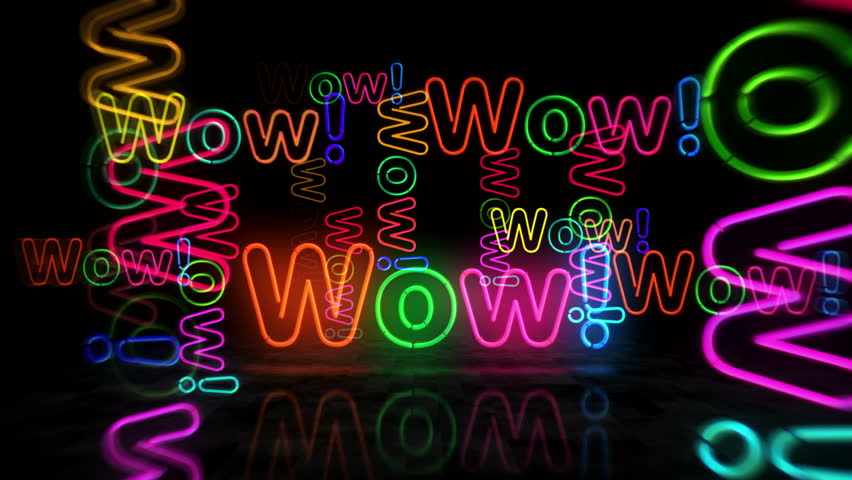 Wow neon symbol. Light color bulbs. Surprise excited abstract seamless and loopable concept. 3d flying through the tunnel animation.