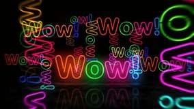 Wow neon symbol. Light color bulbs. Surprise excited abstract seamless and loopable concept. 3d flying through the tunnel animation. - Powered by Shutterstock - Get 15% off with code: PIKWIZARD15