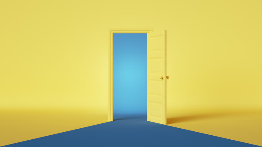 3d animation. Bright blue light behind the opening door inside the empty yellow room. Simple cartoon style. Modern minimal animated background. Opportunity metaphor