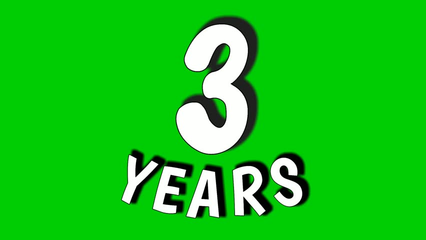 3 three years digit animation motion graphics on green screen.celebration, anniversary, birthday concept. chroma key background