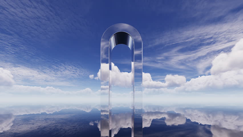 White clouds drift in a blue sky above tranquil water, with a huge polished chrome arch rising in the middle. Futuristic 3D animation. Minimalist panoramic nature scene