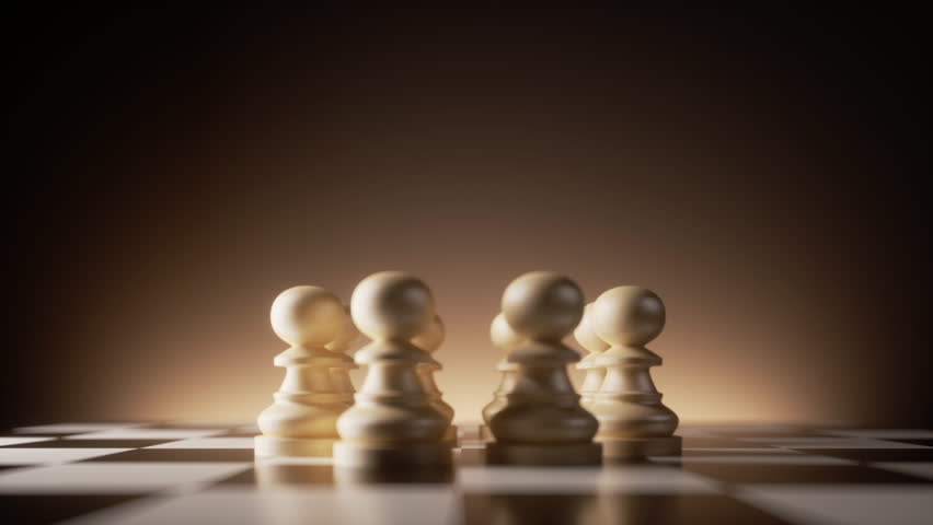 The black king chess piece falls to the chessboard and smashes the white pawns. 3d slow motion animation of aggressive attack and successful strategy. Winning the game.