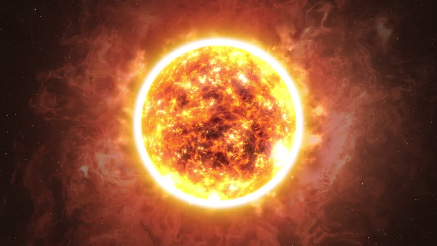 Camera fly away from Sun surface with solar flares in deep space 
3d rendering of the sun with nebulas surrounding. Sci fi concept, 2024
