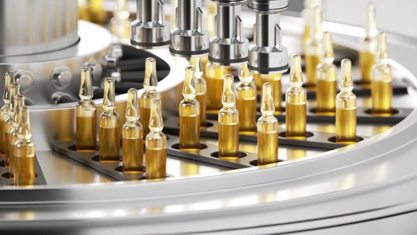 Glass ampoules containing yellow liquid move along an automatic conveyor line in a laboratory. Mass production of a vaccine against corona virus COVID-19. Cycled 3d footage.