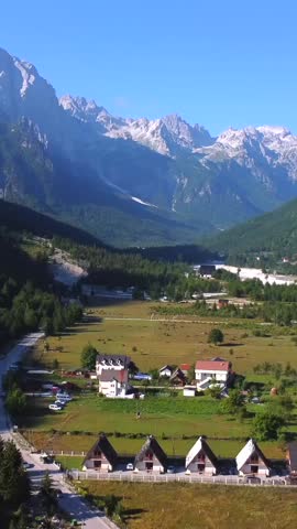 Aerial view of Valbona valley, Theth national park, Albanian Alps, Albania.