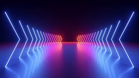 3d looped animation. Abstract geometric background. Neon arrows glowing with pink red blue gradient, flashing and showing forward direction inside the dark tunnel. Game environment in Virtual reality - Powered by Shutterstock - Get 15% off with code: PIKWIZARD15