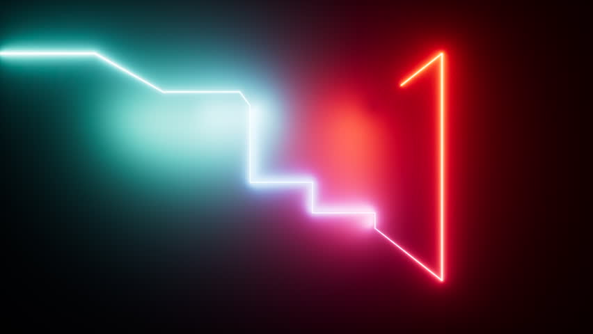 Looped 3D animation. Bright multicolored neon light moving from left to right on a geometric trajectory, leaving behind a glowing trail. Fantasy background. Virtual labyrinth