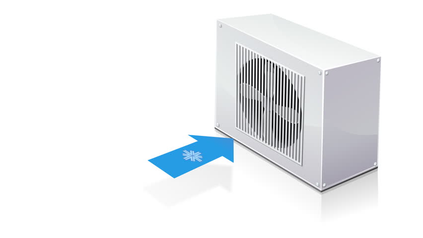Heat pump isolated on a white background with a blue cold arrow entering the grid with the propeller and a red heat arrow coming out of the device