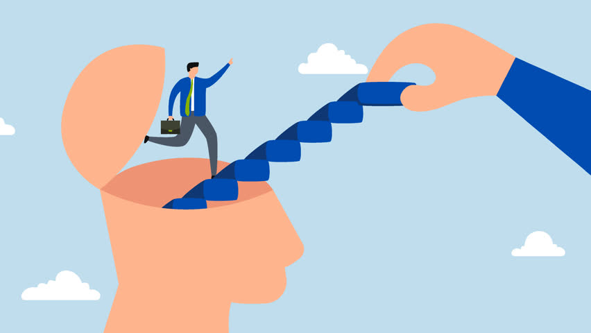 Personal development, 4k animation of businessman walking on staircase from his own brain.