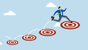 Aspiration and motivation to achieve bigger business target, 4k animation of businessman jumping on bigger and higher archery bull's eye. - Powered by Shutterstock - Get 15% off with code: PIKWIZARD15