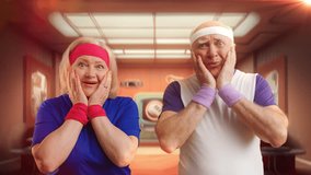 A senior couple in sportswear expresses amazement with a wow gesture in a retro futuristic room - Powered by Shutterstock - Get 15% off with code: PIKWIZARD15